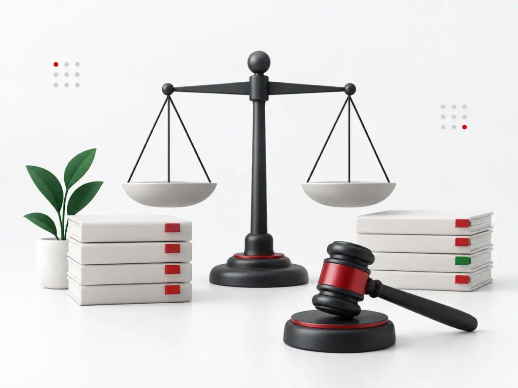 Illustration: scales of justice and case folders