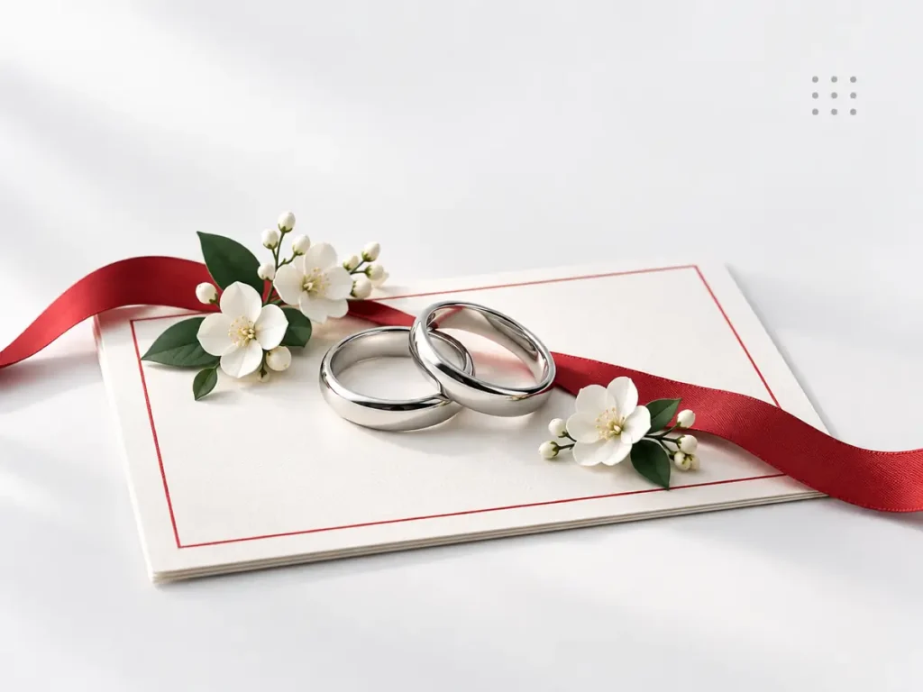 Illustration: wedding rings on a marriage document